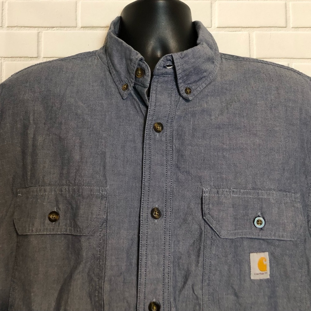 Carhartt Men's Loose Fit Denim Blue Chambray Button Front Short Sleeve Shirt XL - Picture 3 of 9
